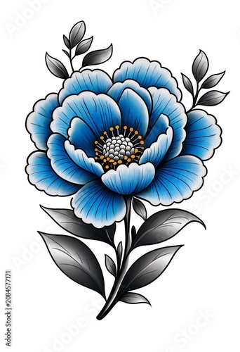 Blue Peony Tattoo Design with Black Leaves