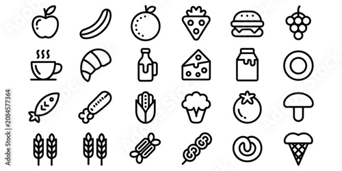 Cuadro en lienzo Food and drink icons apple banana orange strawberry burger grapes coffee croissa