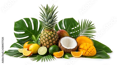 Summer tropical fruit arrangement on large green leaves on white