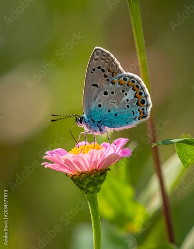 Blue butterfly perched on pink flower closeup.