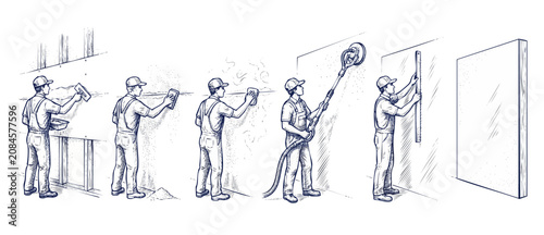 Foto Drywall installation worker plastering wall step by step diagram showing mudding, taping, sanding, and leveling process for home renovation and room remodeling, hand drawn diagram sketch illustration