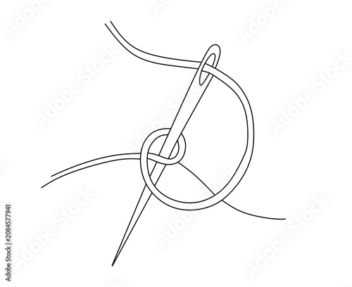 Minimalist line drawing of a needle and thread on a white background