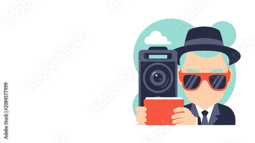 Spy or detective with camera and sunglasses, holding a tablet, conceptual illustration for surveillance, investigation, or secret agent themes