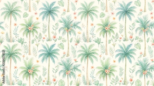 Vibrant summer palm trees sway gently in tropical garden with colorful flowers and lush greenery on sunny day