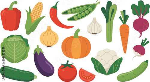  Fresh organic vegetables vector illustration collection featuring pumpkin tomato carrot pepper cabbage garlic eggplant and cucumber isolated on white background flat design