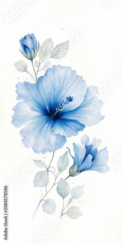 Blue Watercolor Hibiscus with Bud and Leaves