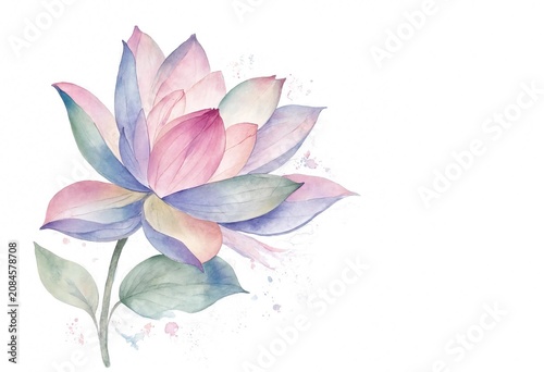 Watercolor Lotus Flower with Pastel Colors and Green Leaves