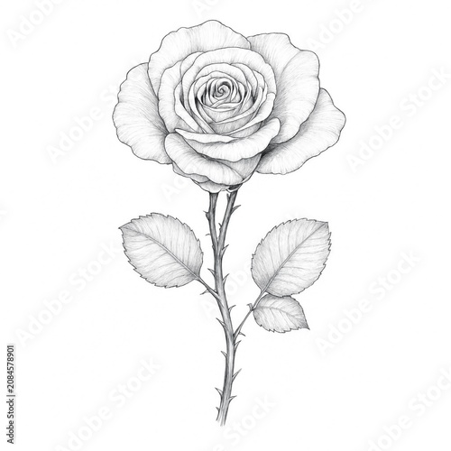 Detailed Sketch of a Rose with Thorns and Leaves