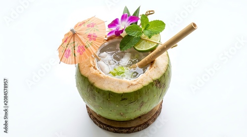 Refreshing summer drink served in a coconut shell with umbrella and lemon slices on a table