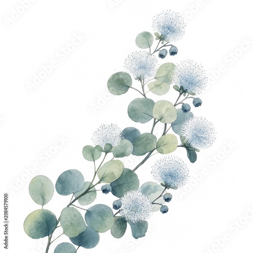 Blue Floral Arrangement with Round Leaves and Seed Pods