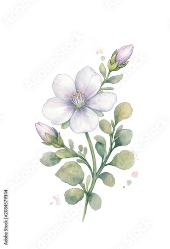 Watercolor Painting of a Purple Flower with Green Leaves and Buds