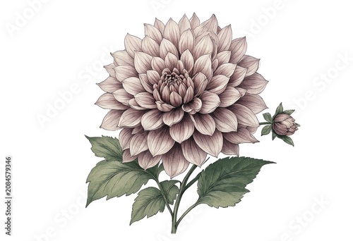 Detailed Illustration of a Dahlia Flower with Bud and Leaves