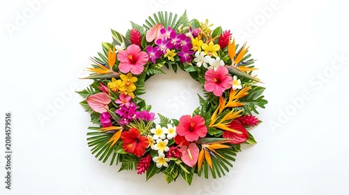 Vibrant tropical flower wreath on display for summer celebrations outdoors
