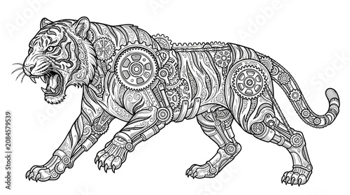 Sticker Steampunk Tiger Mechanical Vector Illustration