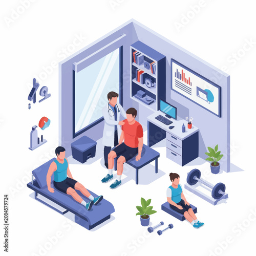 Modern gym interior with people exercising and doctor consulting.