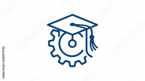 Monoline vector icon of academic graduation cap with industrial gear