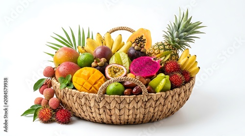 Summer fruits are arranged in a basket on a table outdoors