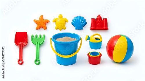 Vibrant summer beach toys laid out on sand