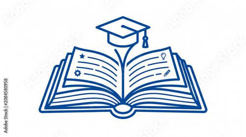 Open thick textbook with graduation cap on abstract clean pages vector illustration