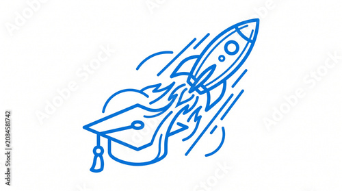 Stylized graduation cap morphing into rocket, education launch