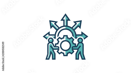 Two people turning large gear with outward pointing arrows.