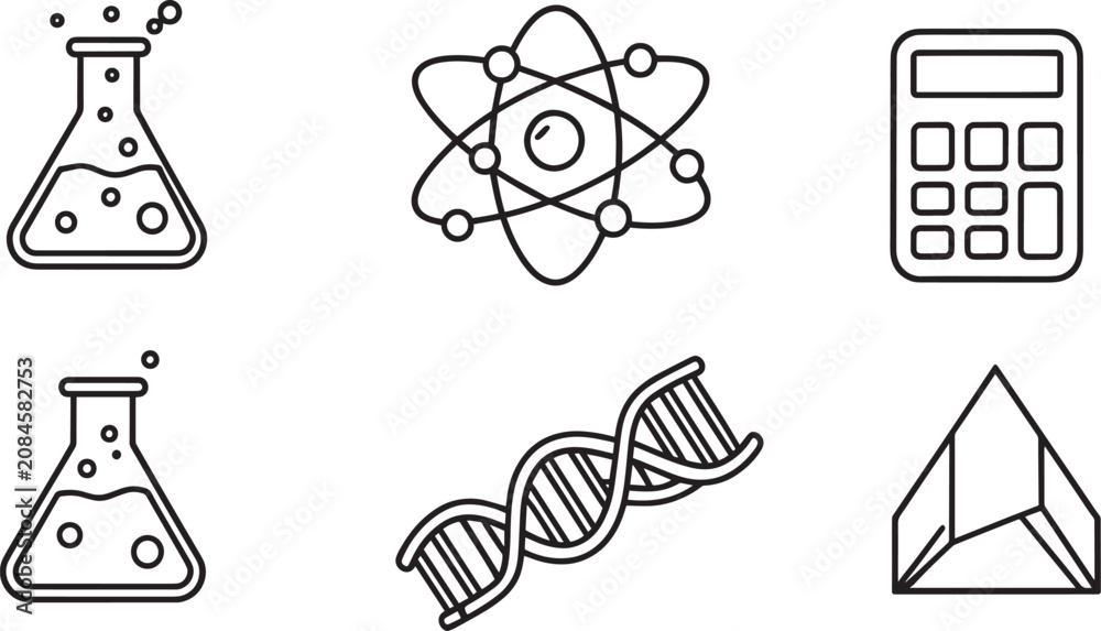 Fototapeta premium Science Research and STEM Education Icons, Minimalist Lab Flask Atom DNA Calculator Line Art Vector Set