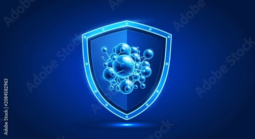 Blue shield with glowing neon outline and molecular structure
