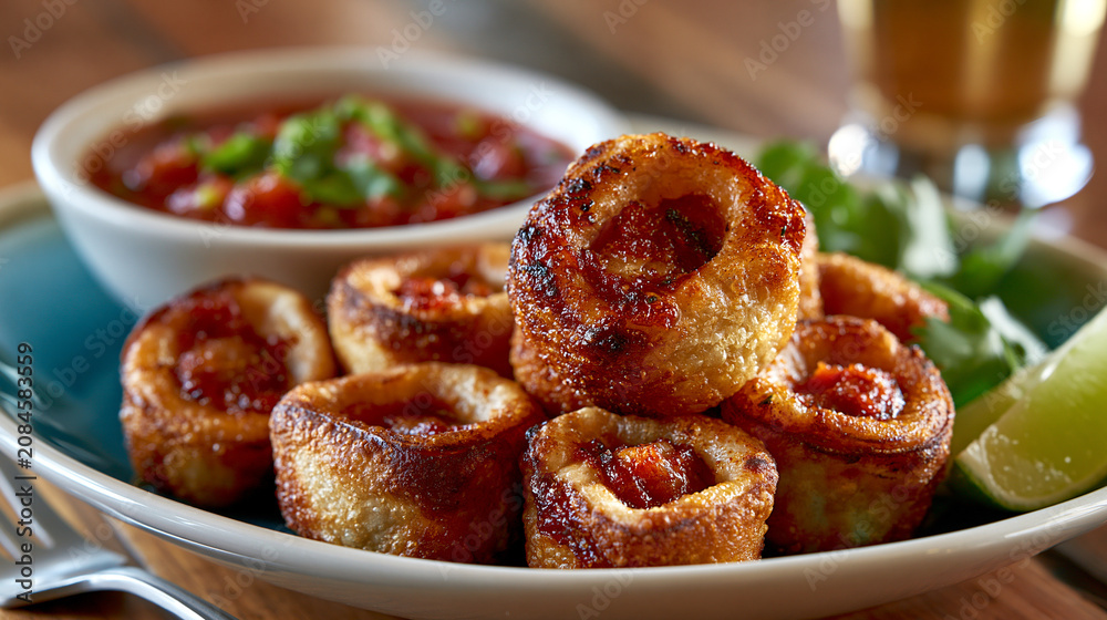 Fototapeta premium Crispy fried stuffed potato bites with tomato dipping sauce appetizer delicious culinary