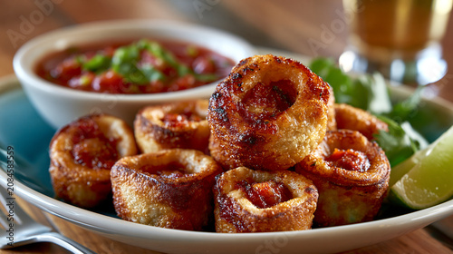 Crispy fried stuffed potato bites with tomato dipping sauce appetizer delicious culinary