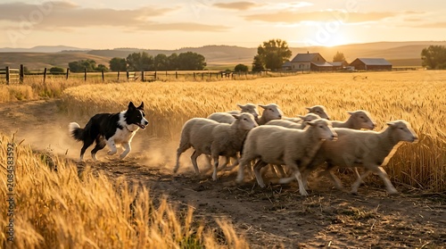 Border collie herding sheep through golden wheat field at sunset