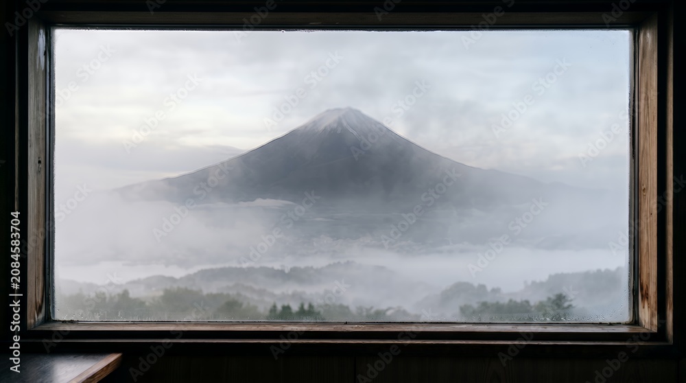 Fototapeta premium Majestic Mount Fuji shrouded in mist, framed by a rustic window.