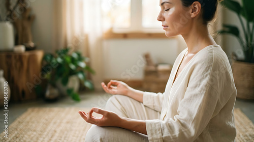 Mindful Woman Meditating at Home for Stress Relief, Wellness & Inner Peace. Zen Lifestyle & Mental Health Practice.