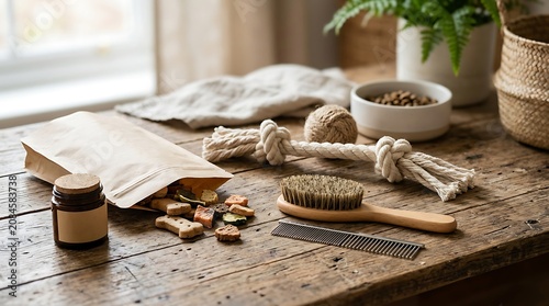 Natural pet care accessories and healthy treats on a wooden surface