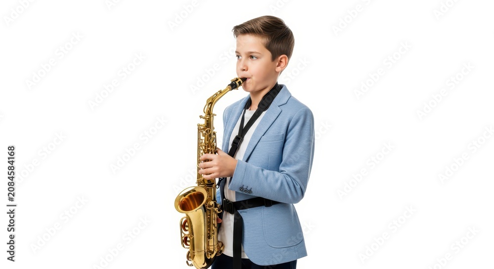 Fototapeta premium Talented Young Boy in Blue Blazer Playing Golden Saxophone Isolated on White Background