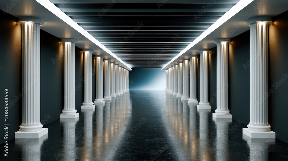 Obraz premium Symmetrical corridor with white classical columns, dark reflective floor, modern ceiling lights, and cold silver ambiance, futuristic mood