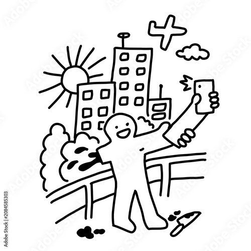 Tableau sur toile City selfie with knife in hand doodle art on black