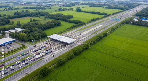 Aerial view of a busy highway toll plaza with significant traffic congestion surrounded by lush green countryside fields during daytime
