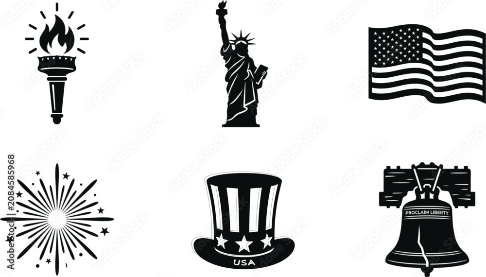 Naklejka premium Vector patriotic USA icons with Statue of Liberty, American flag, Liberty Bell, and celebration symbols