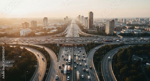 Aerial view of a dense urban highway interchange at sunrise with heavy morning traffic flow
