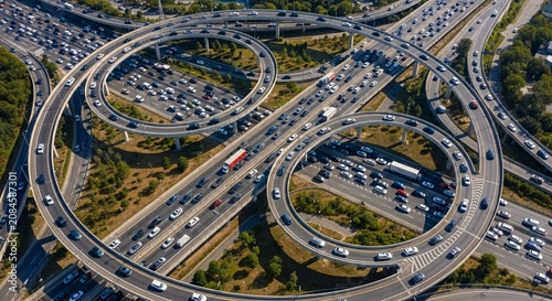 Aerial view of dense traffic congestion on a complex multi-level highway interchange during daytime