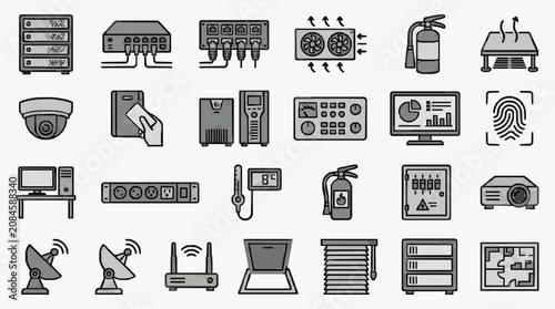 Canvastavla Clean Black and White Line Icons Set of Modern Technology Security and Office Eq