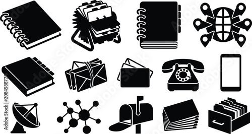 Bild auf Leinwand Business Communication and Office Organization Icon Set Featuring Address Book R