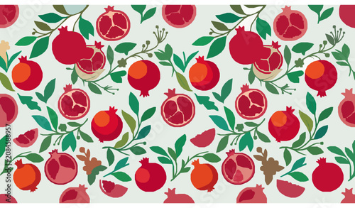 Abstract Pomegranate and Leaves Seamless Pattern Modern Botanical Vector