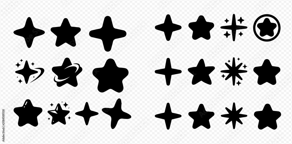 Fototapeta premium Set of various black star and sparkle icons, graphic design elements for decoration and rating.