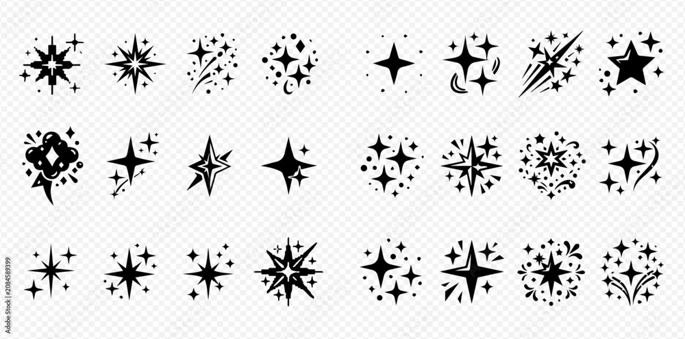 Fototapeta premium Set of various hand-drawn star and sparkle icons for design elements.