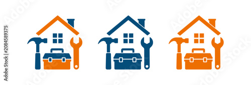 Home repair and maintenance service icons with house hammer wrench and toolbox symbols.