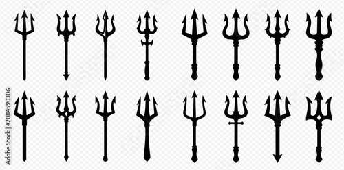 Canvastavla Set of black trident icons, various styles of devil's pitchforks and Poseidon's weapon on a transparent background