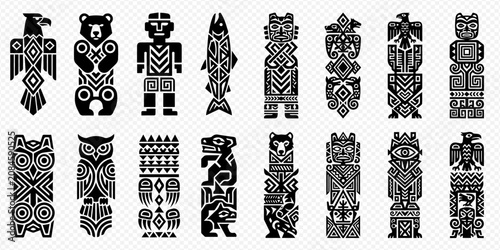 Set of various tribal totem poles with traditional indigenous designs and animal figures, vector illustration.