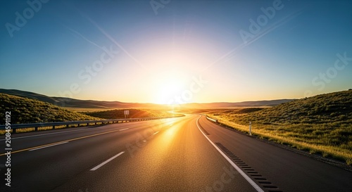 The sun rises over a long, straight highway, creating a dramatic and expansive view. The road stretches into the distance, disappearing into a hazy horizon.