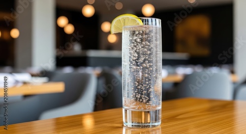 A tall, clear glass filled with sparkling water sits on a wooden table. A thin slice of lemon rests on the rim of the glass, creating bubbles as the water fizzes.